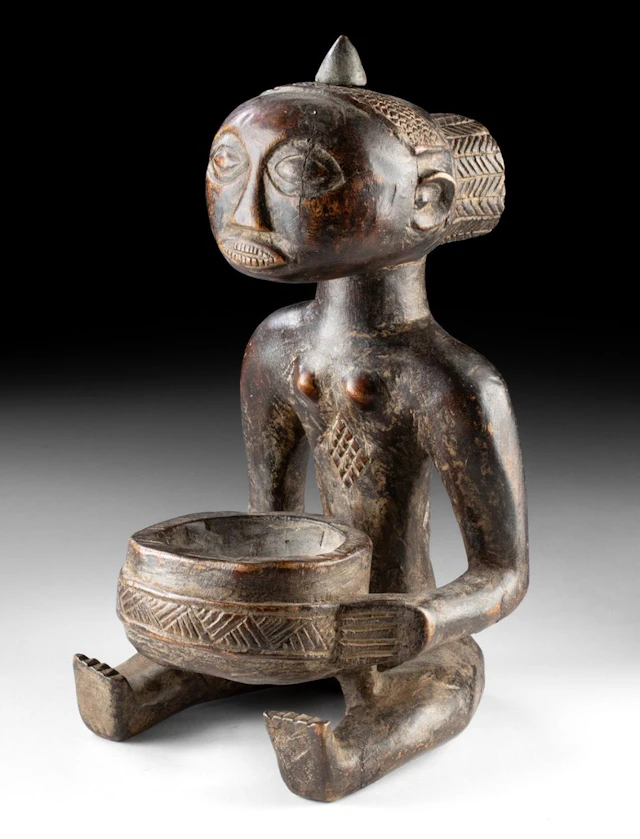 19th C. Luba Female Bowl Bearing Figure - Mboko