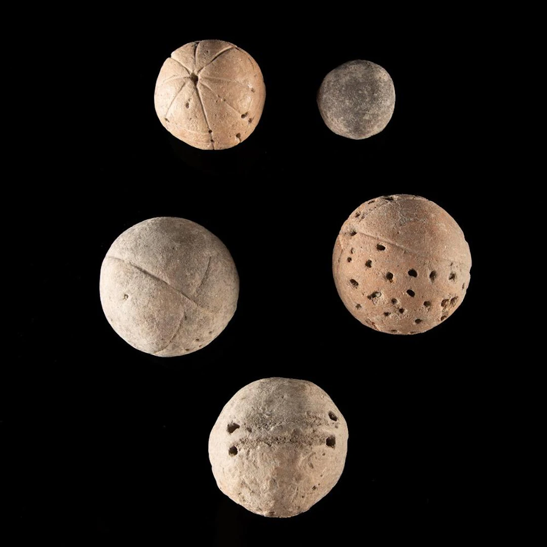 Mesoamerican Pottery Spheres, Group of Five - Pierced Vents and Incised Lines