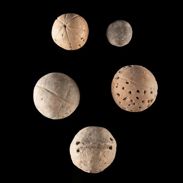Mesoamerican Pottery Spheres, Group of Five - Pierced Vents and Incised Lines