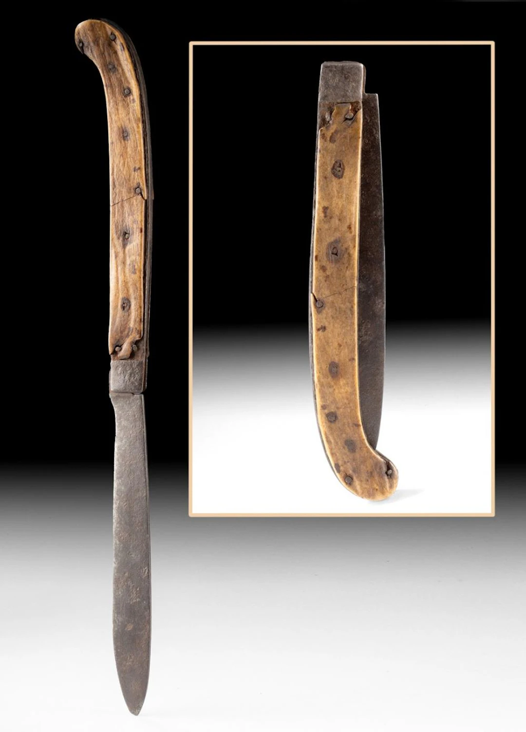 18th C. French Folding Iron Knife w/ Bone Handle Panels