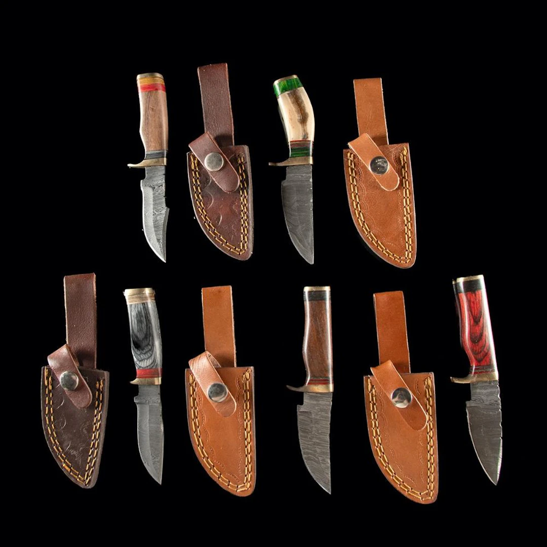 Fixed Blade Hunting Knives, Horn & Wood Handles with Leather Sheaths