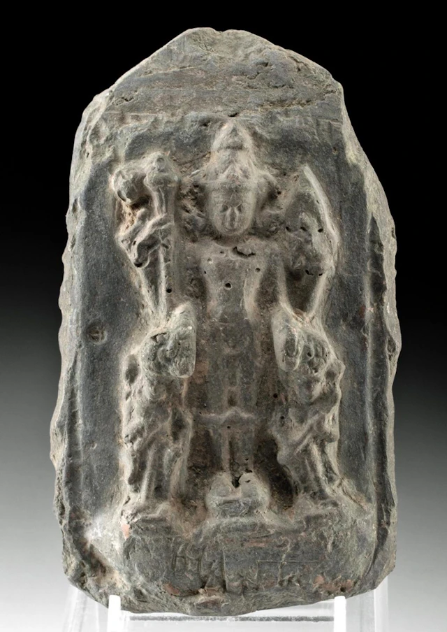 Indian Pottery Plaque - Vishnu with Lakshmi & Sarasvati