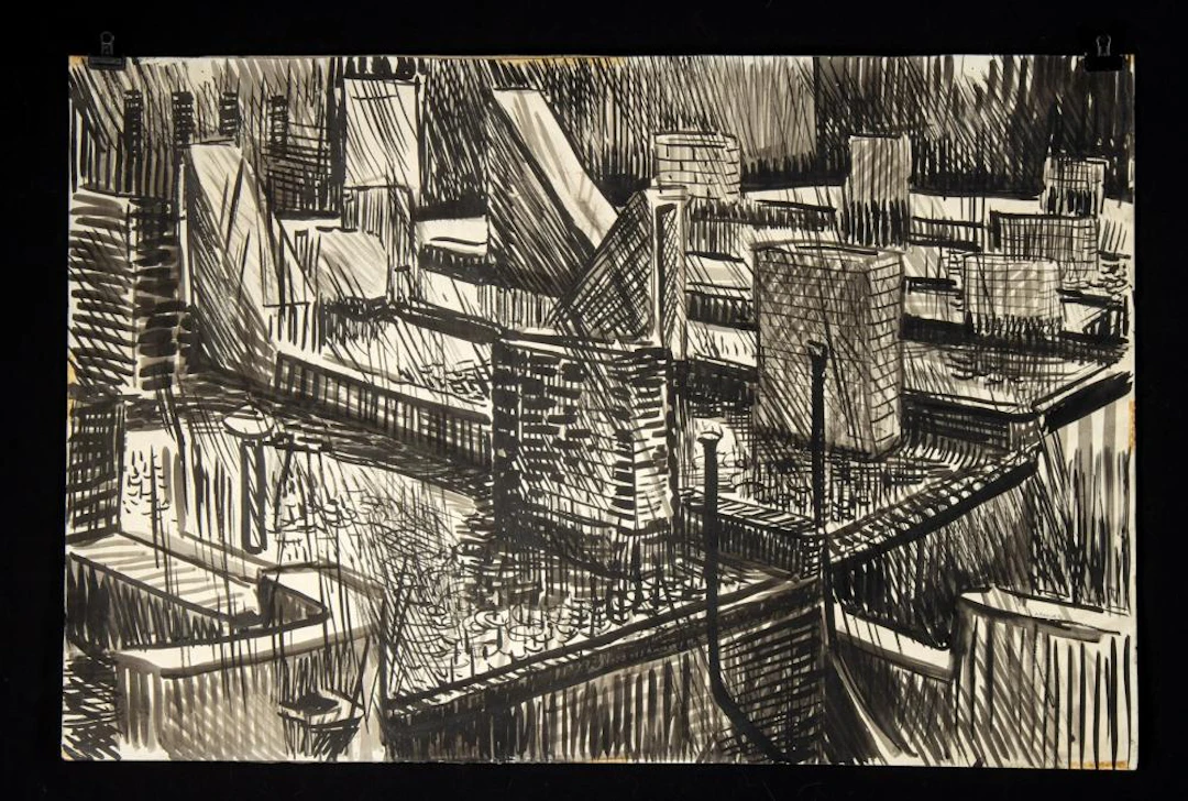Edith Kramer 1946 Ink NYC Rooftops Drawing, Signed – Art Therapy Pioneer