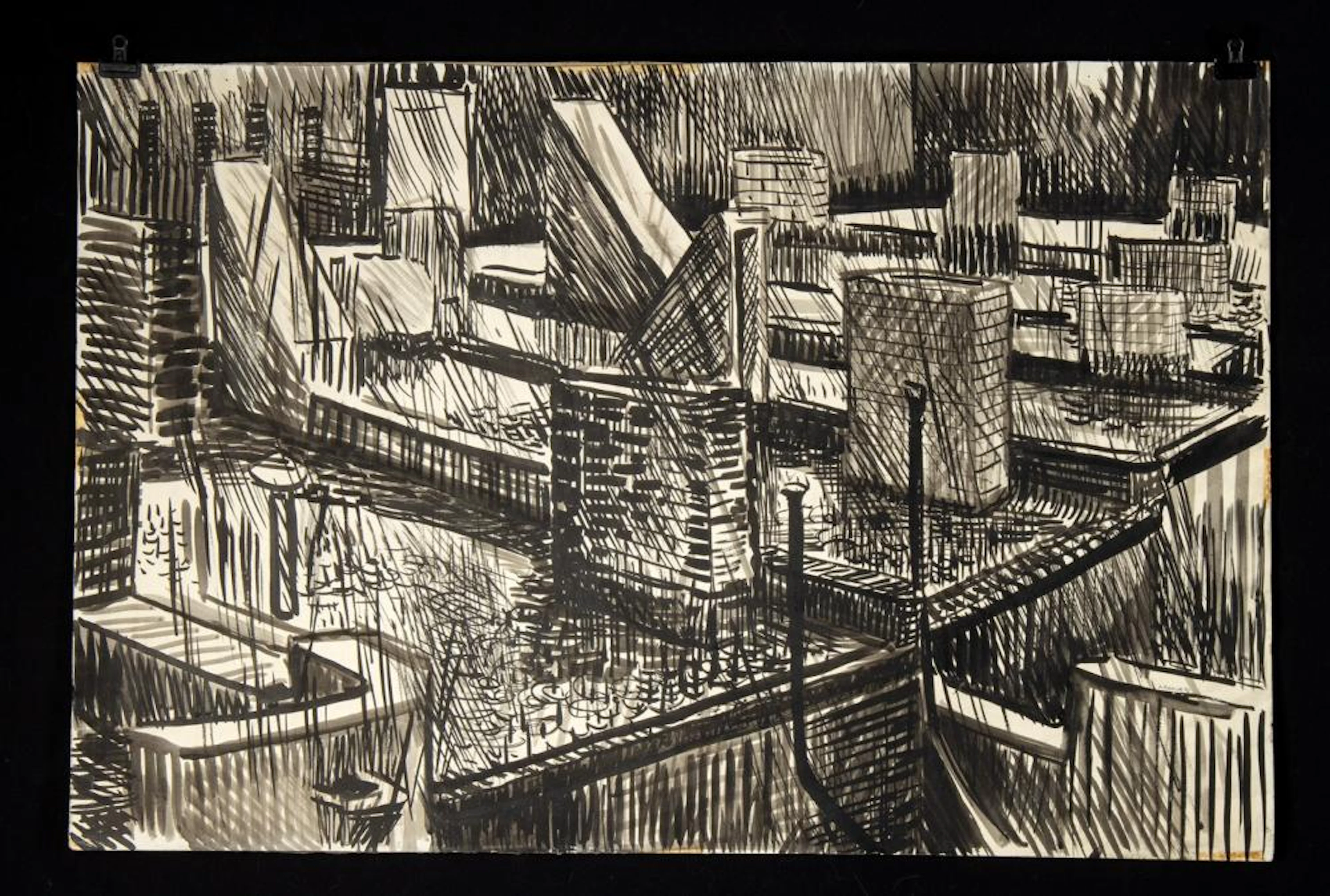 Edith Kramer 1946 Ink NYC Rooftops Drawing, Signed – Art Therapy Pioneer