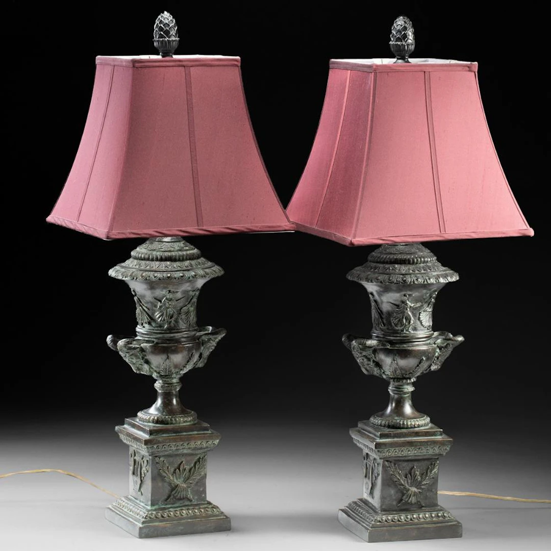 Pair of 19th C. Neoclassical Urn Lamps w/ Rams' Heads & Maenads