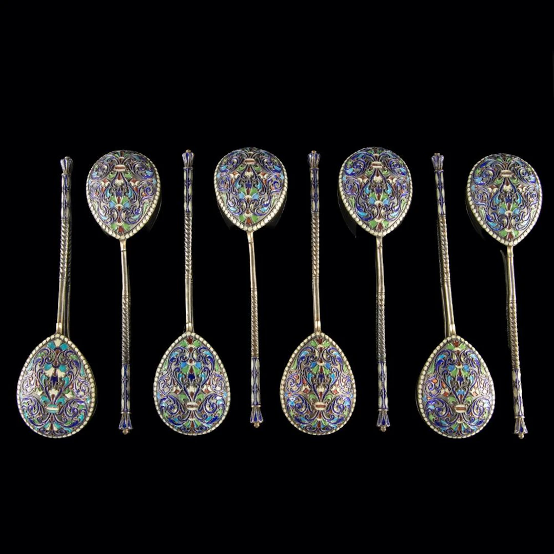 Eight Russian Silver & Cloisonne Enamel Spoons, Gustav Klingert, Moscow 1892