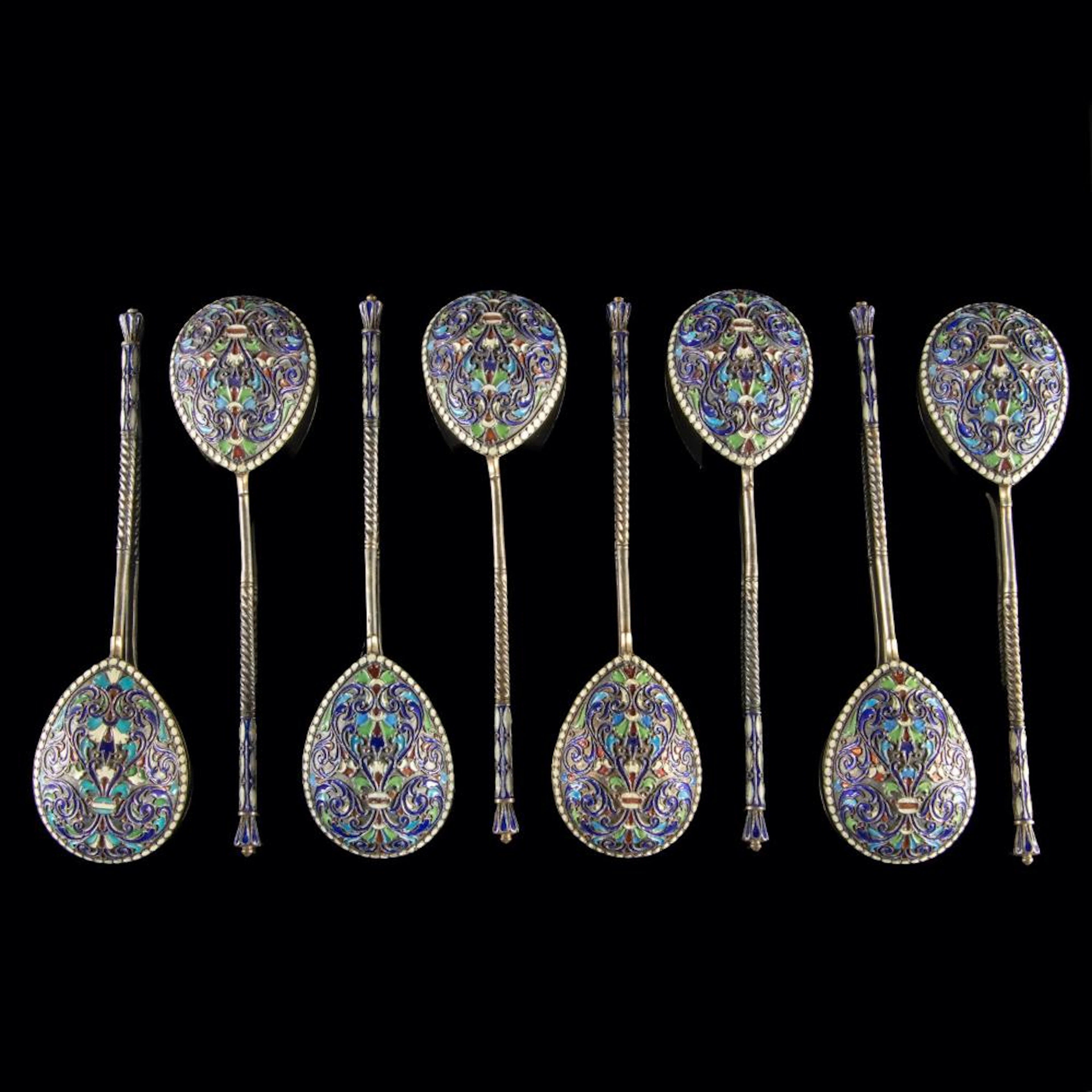 Eight Russian Silver & Cloisonne Enamel Spoons, Gustav Klingert, Moscow 1892