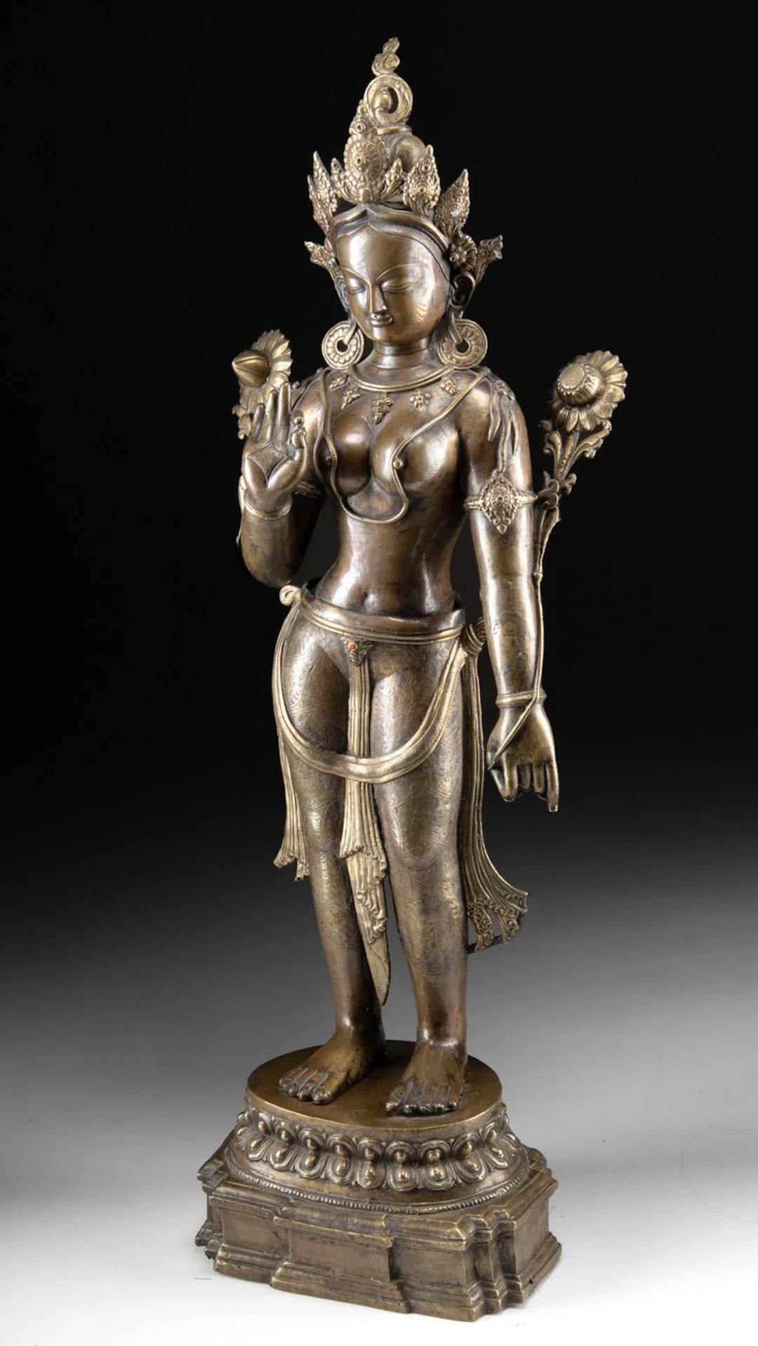 Nepalese Tibetan Brass White Tara Statue, Lotus Pedestal