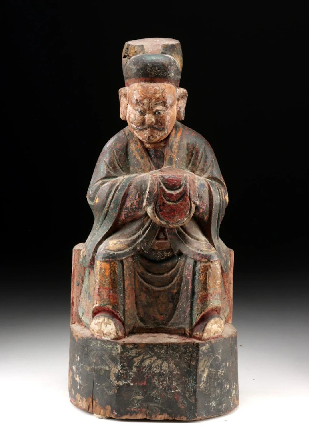 Chinese Wood God of Wealth Figure / Wealth Bag, Qing Dynasty