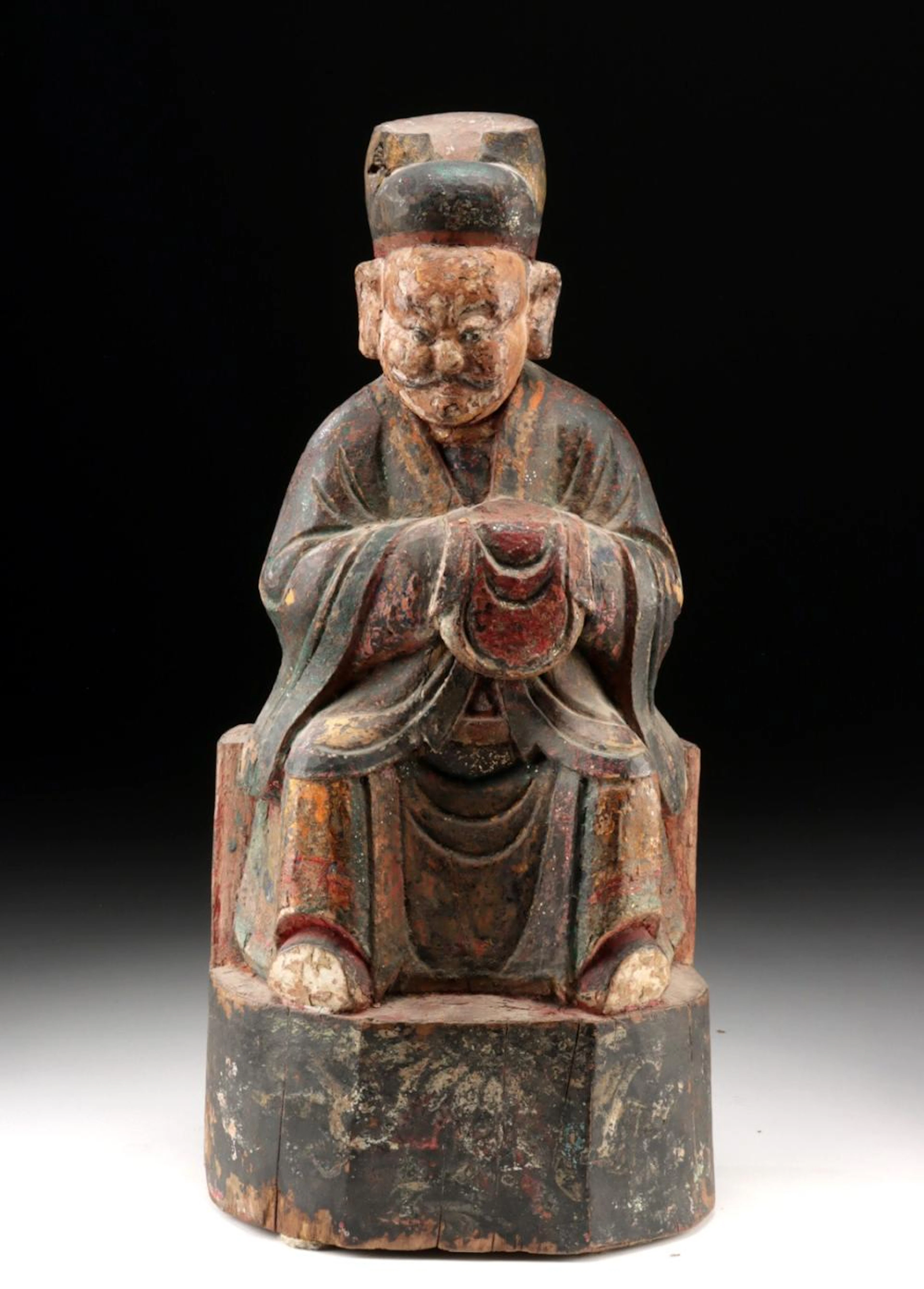 Chinese Wood God of Wealth Figure / Wealth Bag, Qing Dynasty