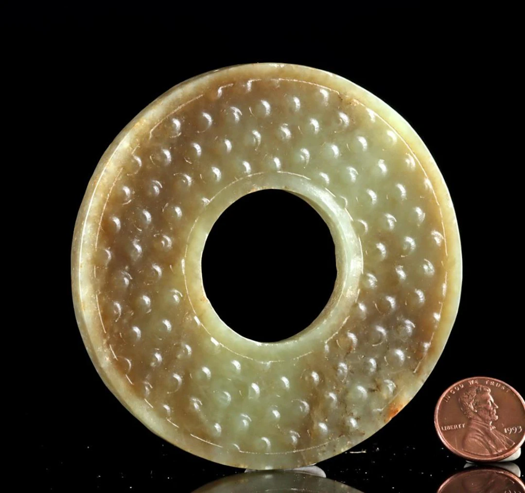 Chinese Nephrite Jade Bi Disc, Incised Spiral Motifs