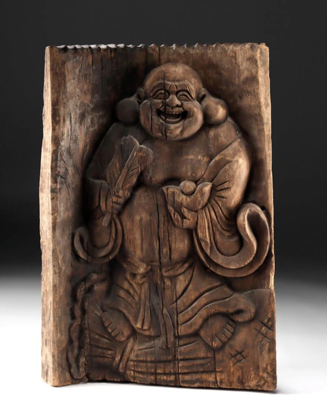 19th C. Wood Relief Panel Laughing Budai of Wealth