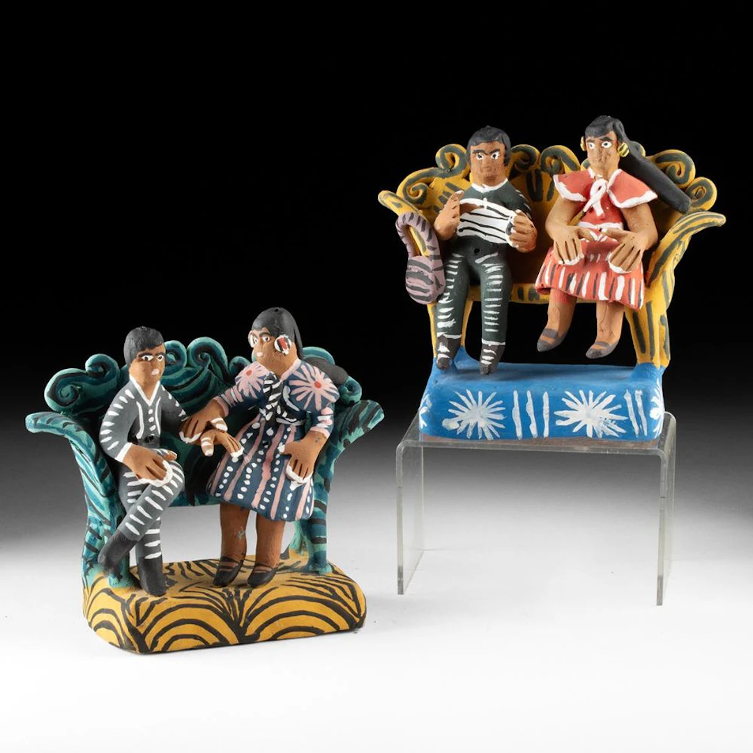 Two Mexican Folk Art Ceramic Courting Couples - Tlaquepaque / Tonala