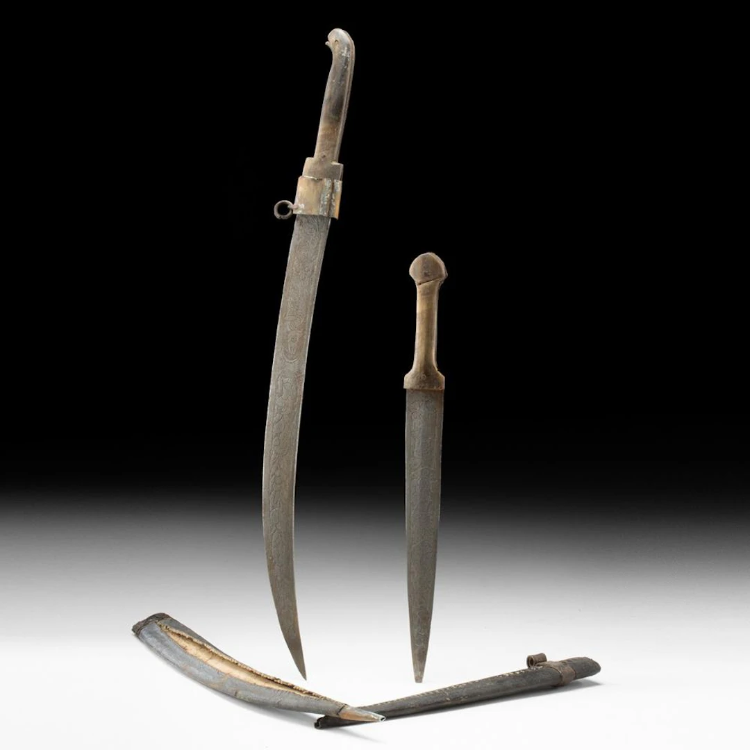 19th C. Ottoman Yataghan-Style Short Sword and Bıçak, Bone Grips, Etched Steel