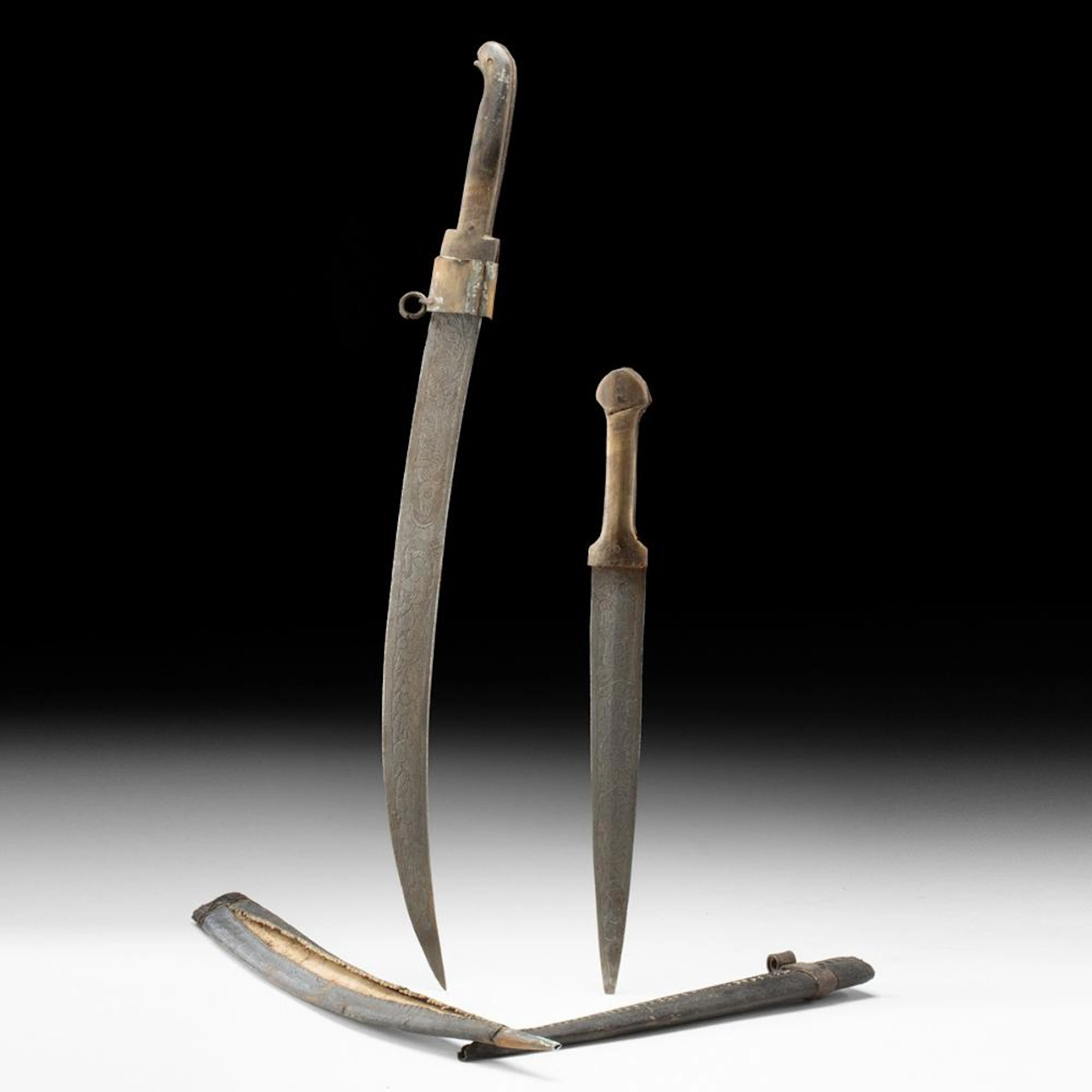 19th C. Ottoman Yataghan-Style Short Sword and Bıçak, Bone Grips, Etched Steel