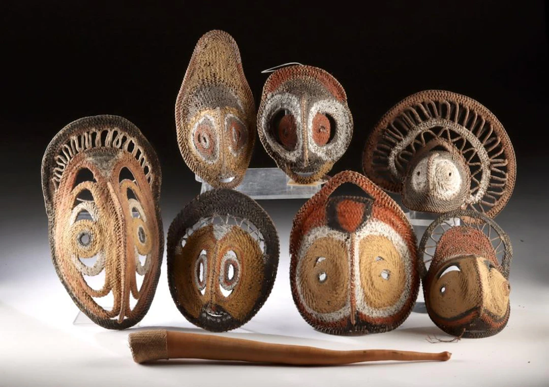 7 Papua New Guinea Abelam Yam Masks + Penis Gourd