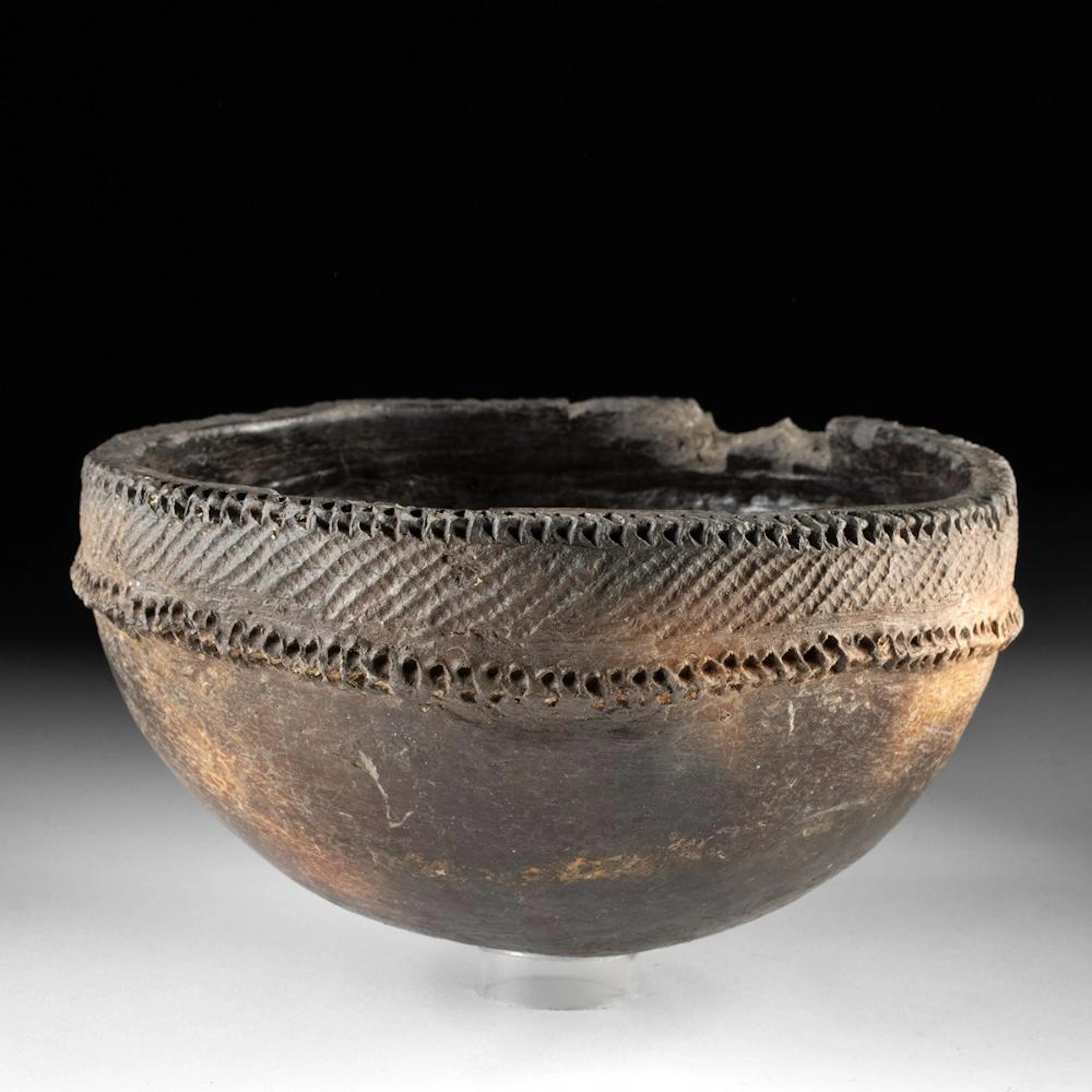 Caddo Mississippian Blackware Bowl with Incised Rim