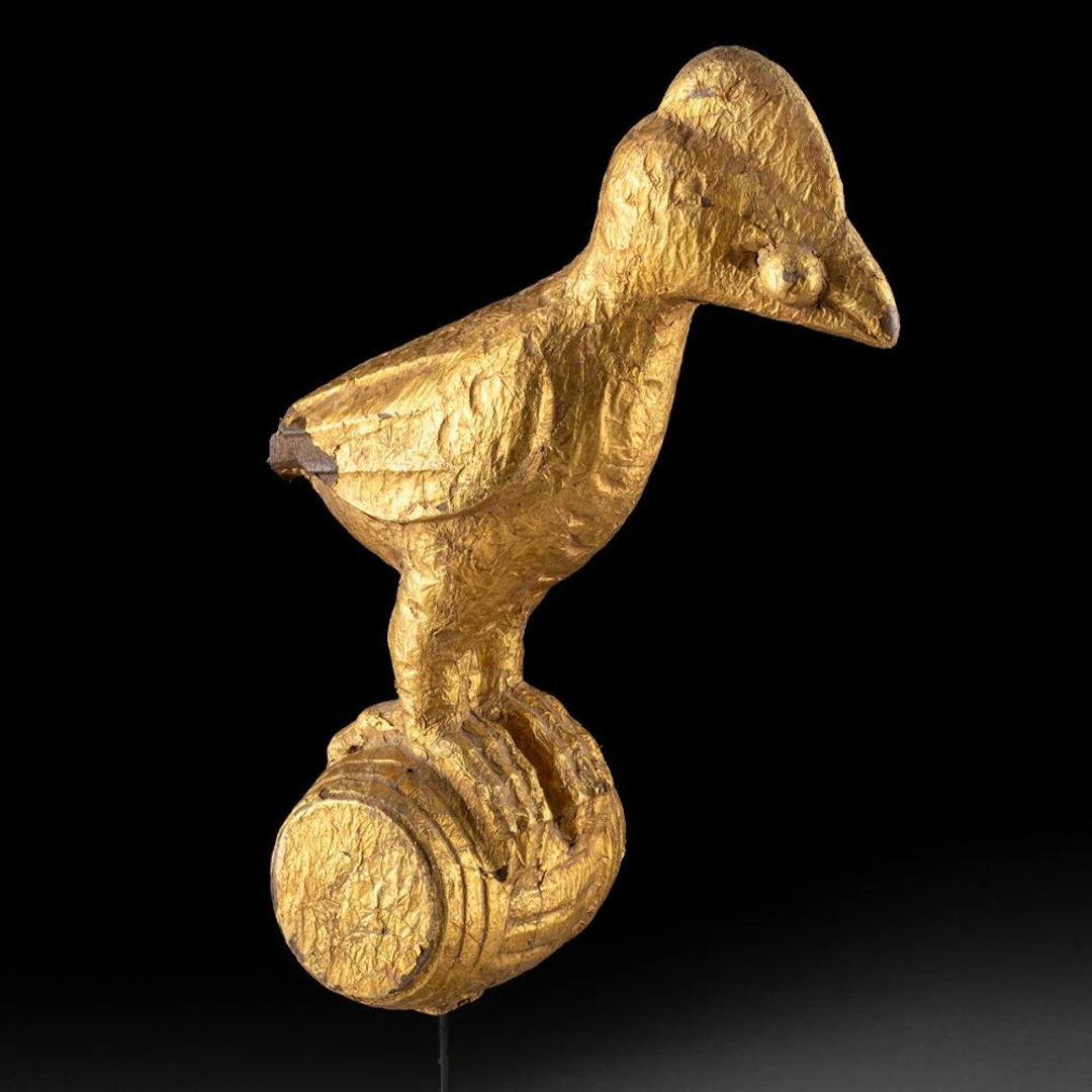 African Akan Culture 18K Gold Foil & Wood Bird Finial for Staff