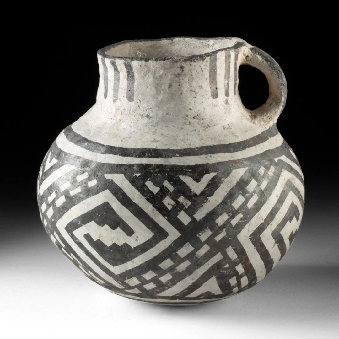 Anasazi Snowflake Black-on-White Pitcher with Interlocking Scrolls