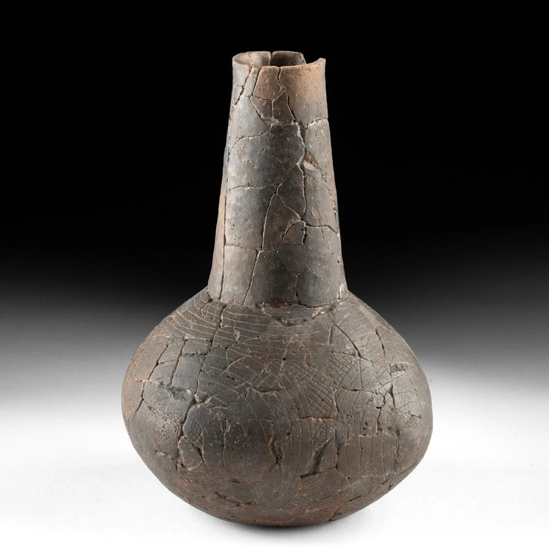 Mississippian Pottery Bottle - Incised & Square Form
