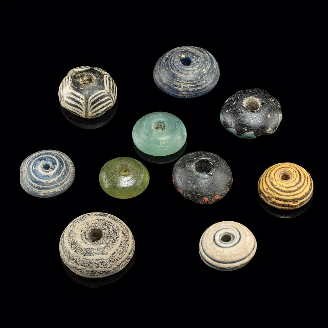 10 Ancient Roman Glass Spindle Whorl Beads, Trailed & Combed Patterns