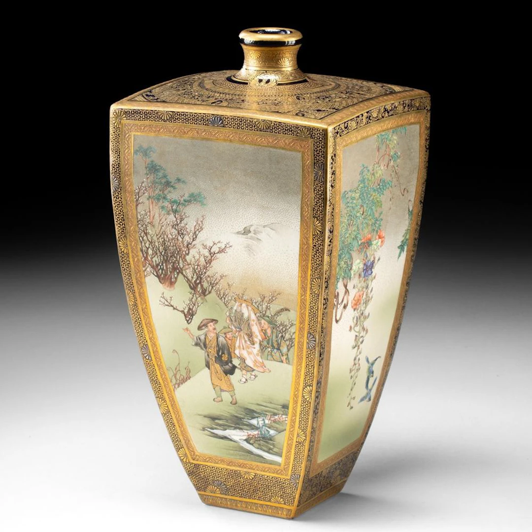 Kinkozan Kyoto Satsuma Square Vase with Courtly Figures and Garden