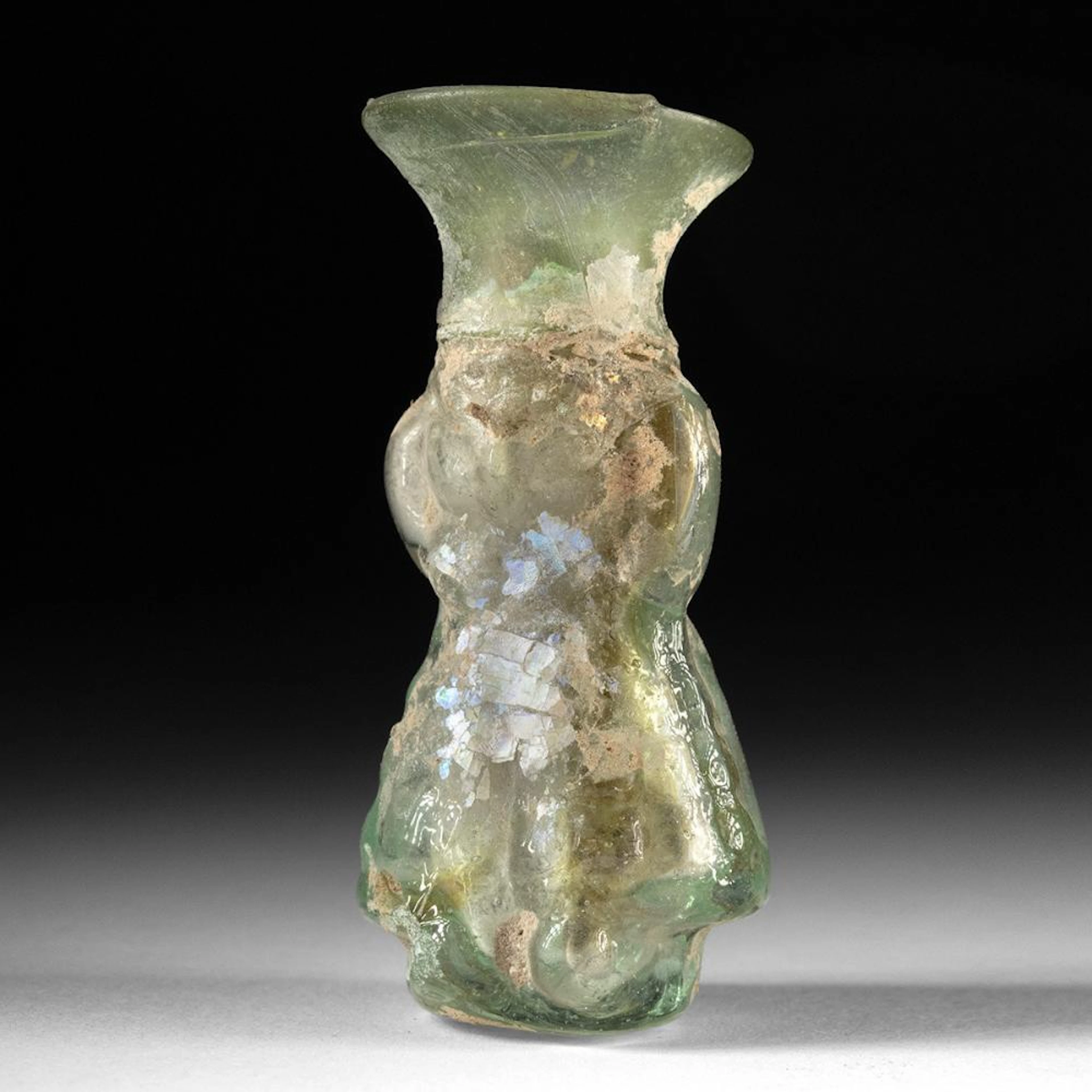 Roman Judaea Miniature Mold-Blown Glass Unguentarium, Figural Form