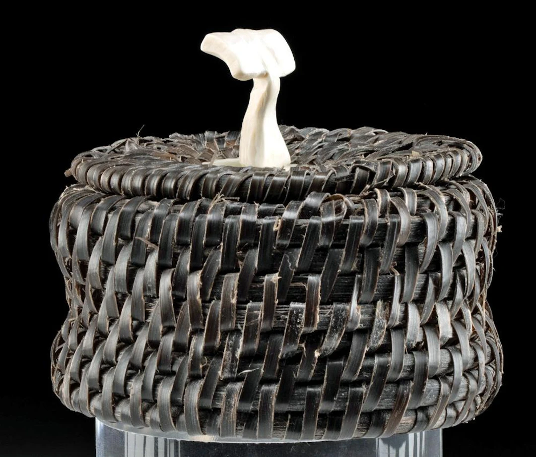 Alaskan Inupiaq Whale Baleen Basket w/ Walrus Ivory