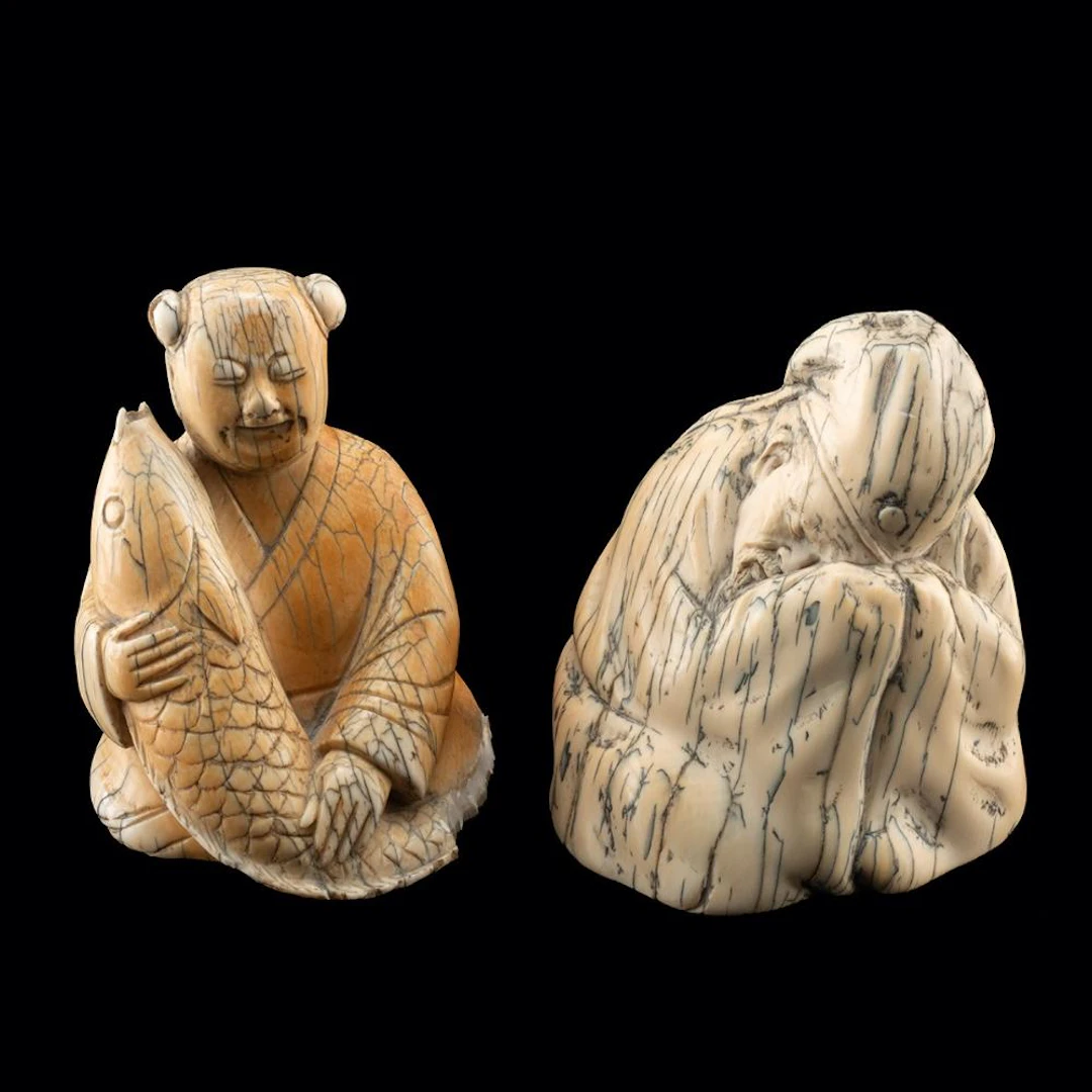 Two Mammoth Ivory Okimono, Sleeping Man and Figure with Fish