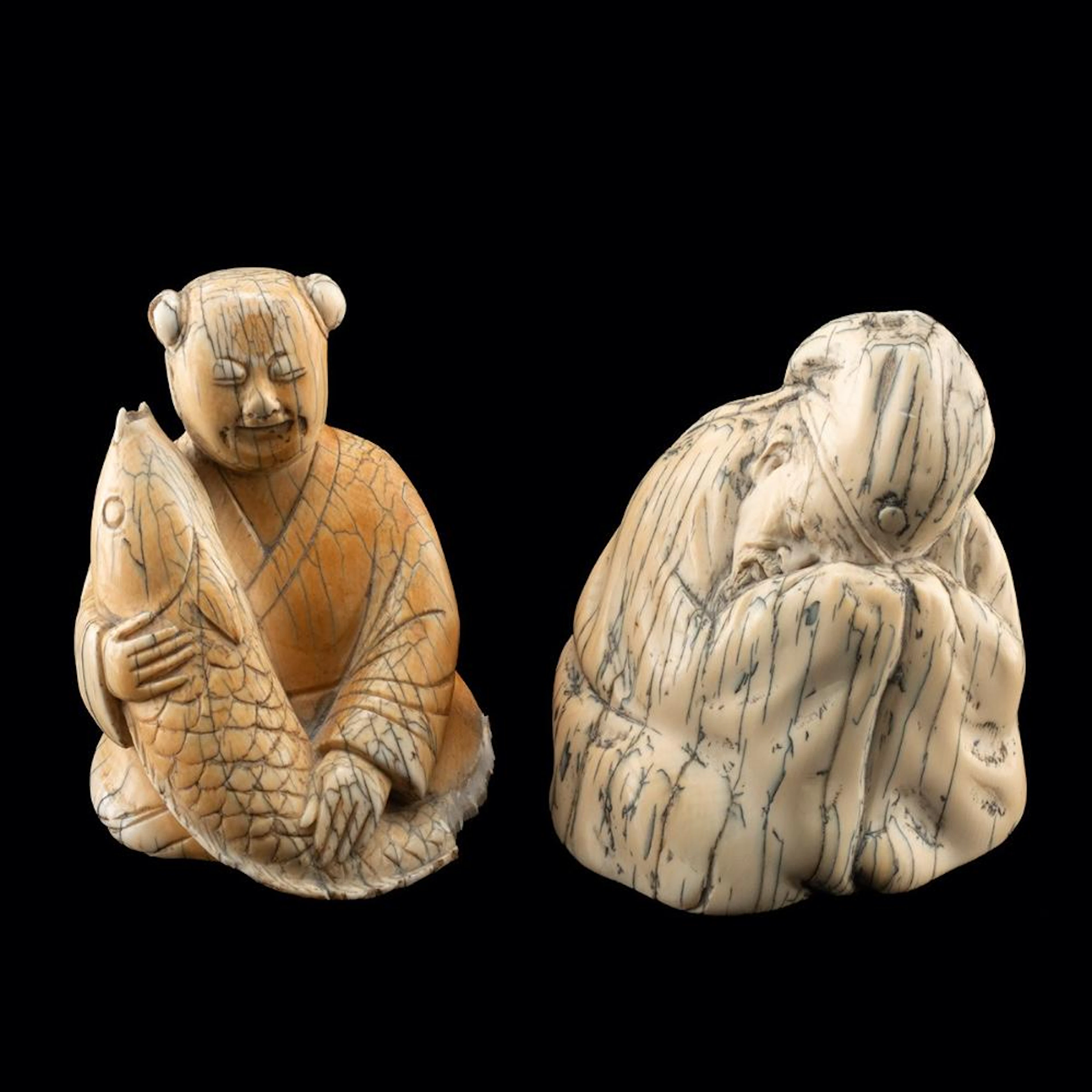 Two Mammoth Ivory Okimono, Sleeping Man and Figure with Fish