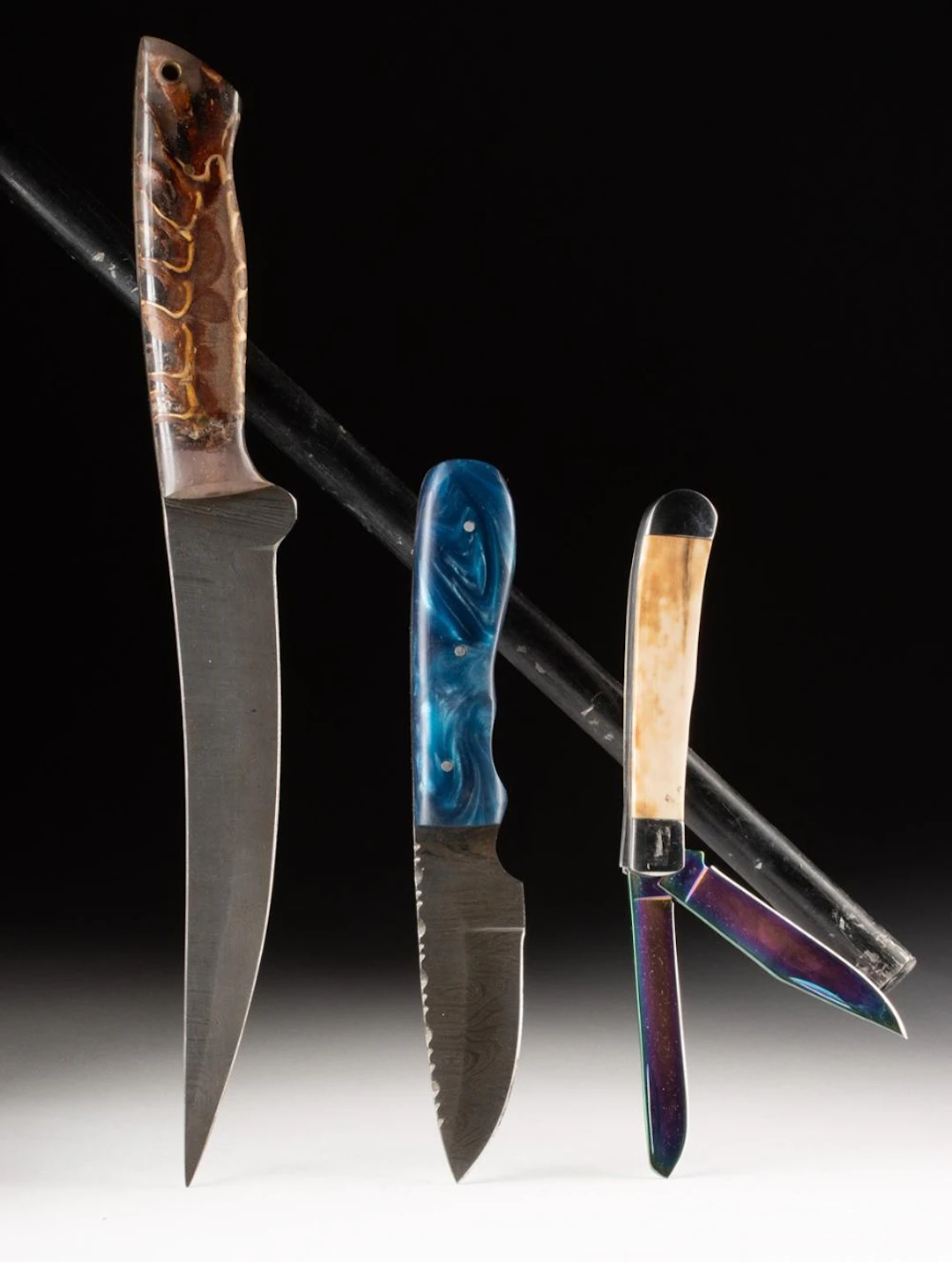 Three Handcrafted Knives w/ Damascus Steel Blades