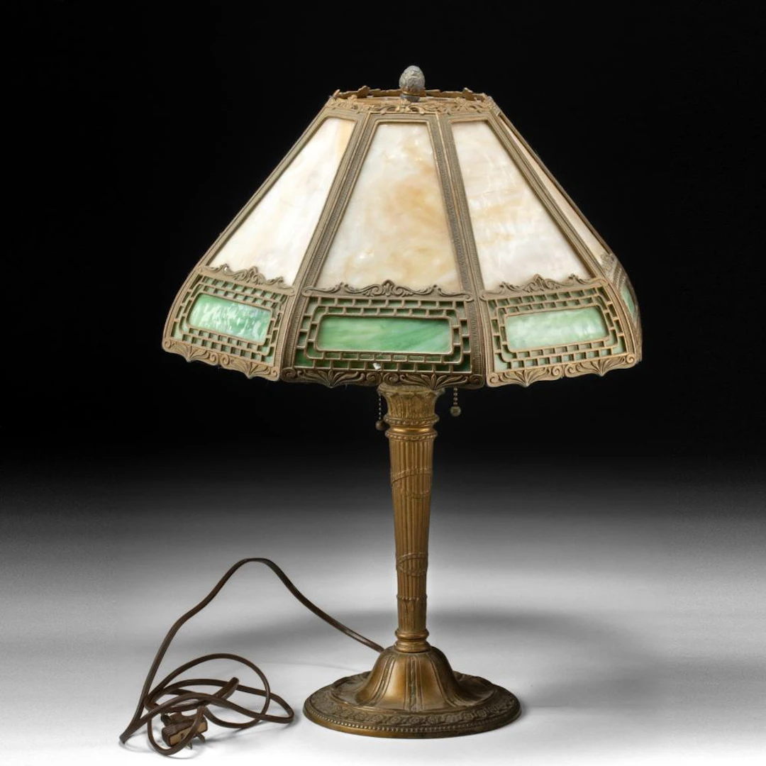 Antique American Slag Glass Table Lamp with Green Fretwork Shade