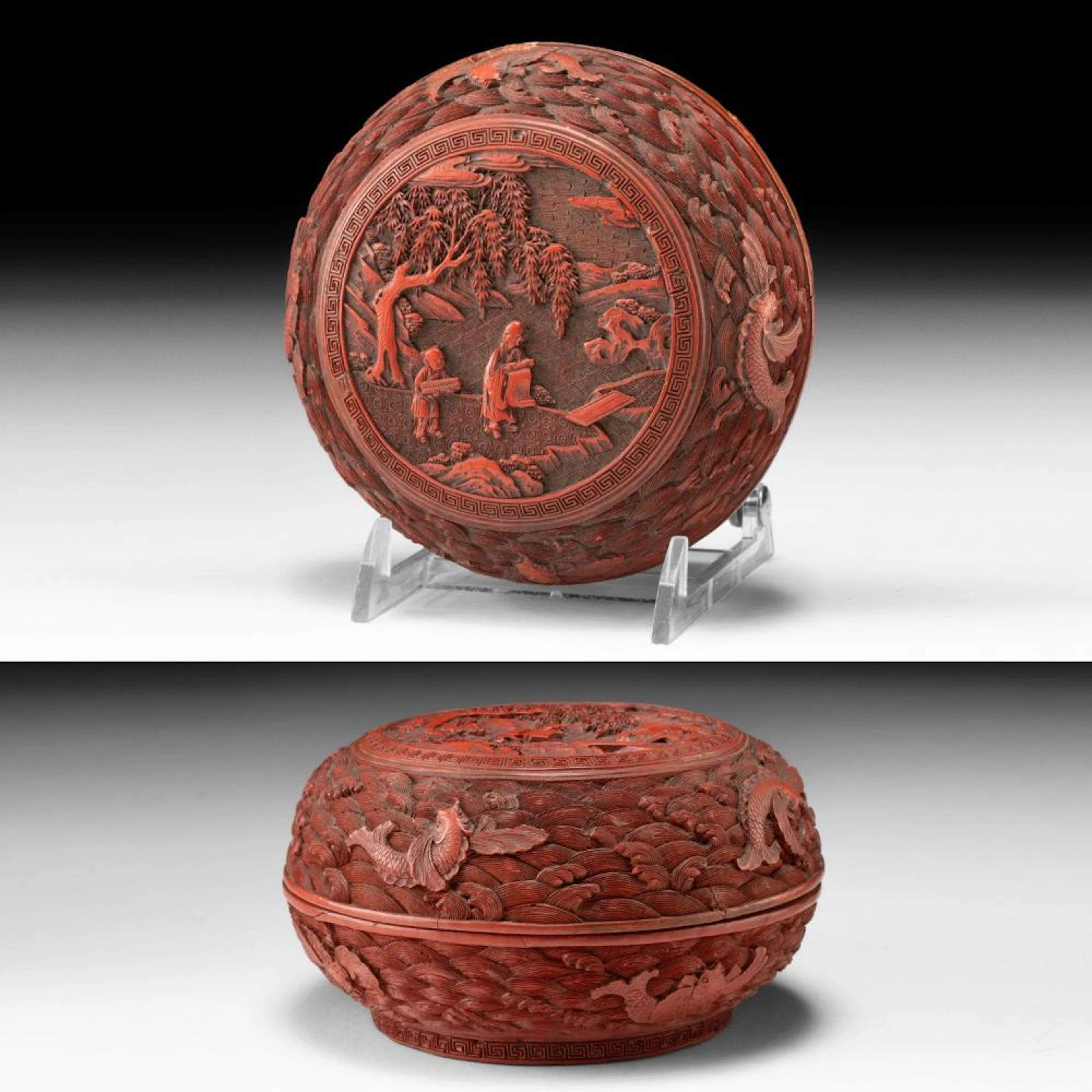Chinese Qing Dynasty Cinnabar Lacquer Round Box with Scholar Scene