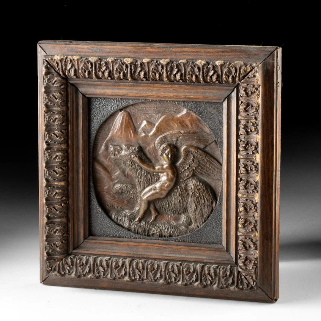 19th C. Karl L. H. Muller Copper Relief - Cupid Riding a Bear
