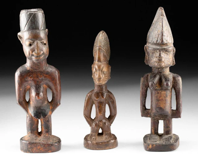 3 African Yoruba Wood Ere Ibeji, Sacred Twin Figures