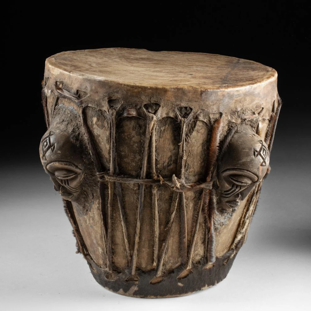 Central African Wood & Goatskin Drum with Carved Ancestral Heads
