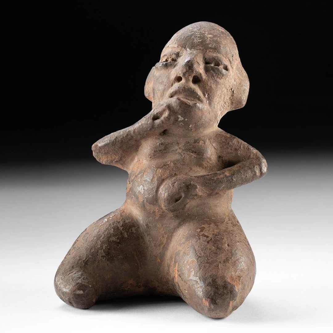 Tlatilco Pottery Rattle Figure - Seated Nude Female, Possible Birthing Pose