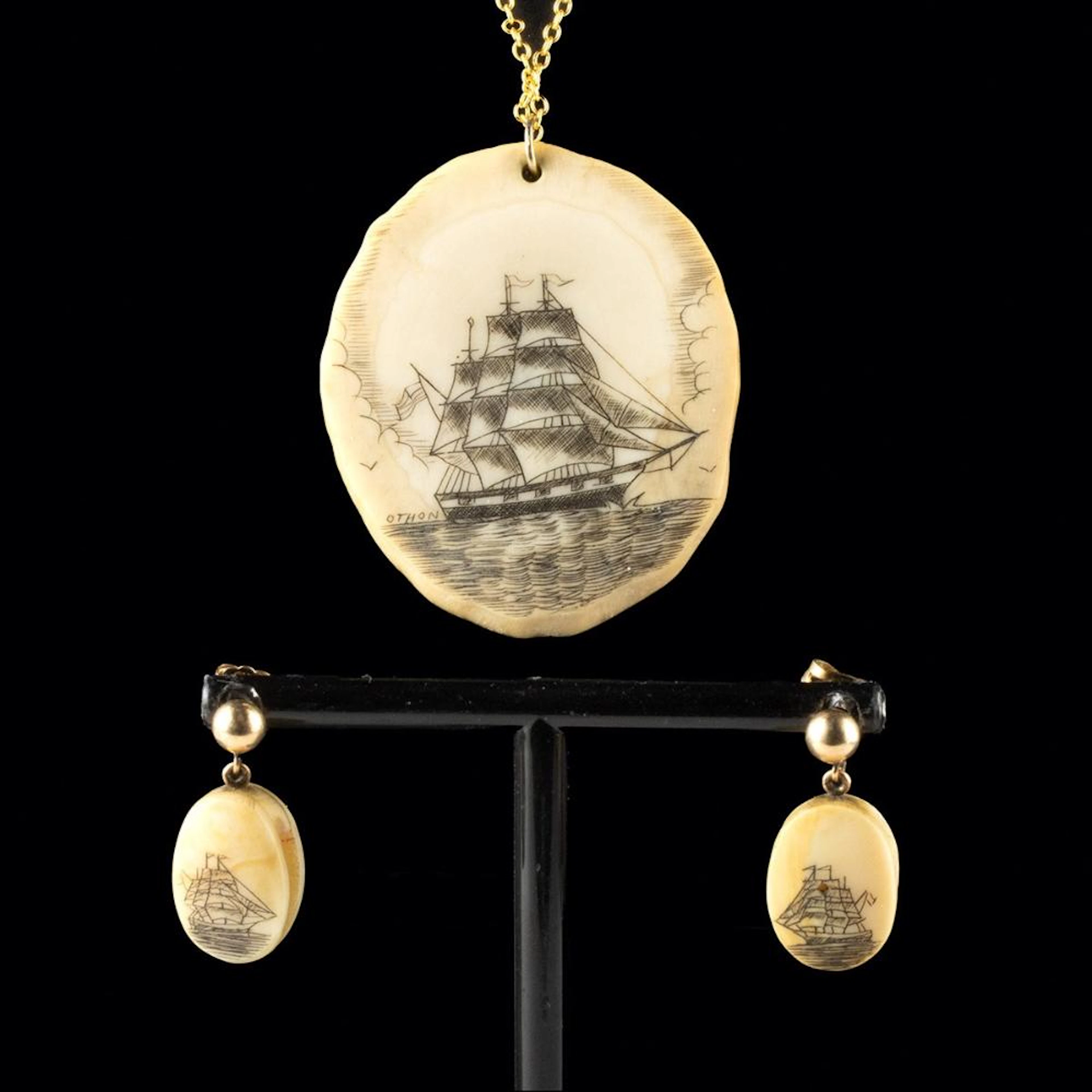 Othon Signed Azorean Scrimshaw Whale Tooth Ship Pendant & Earrings (3 pcs)