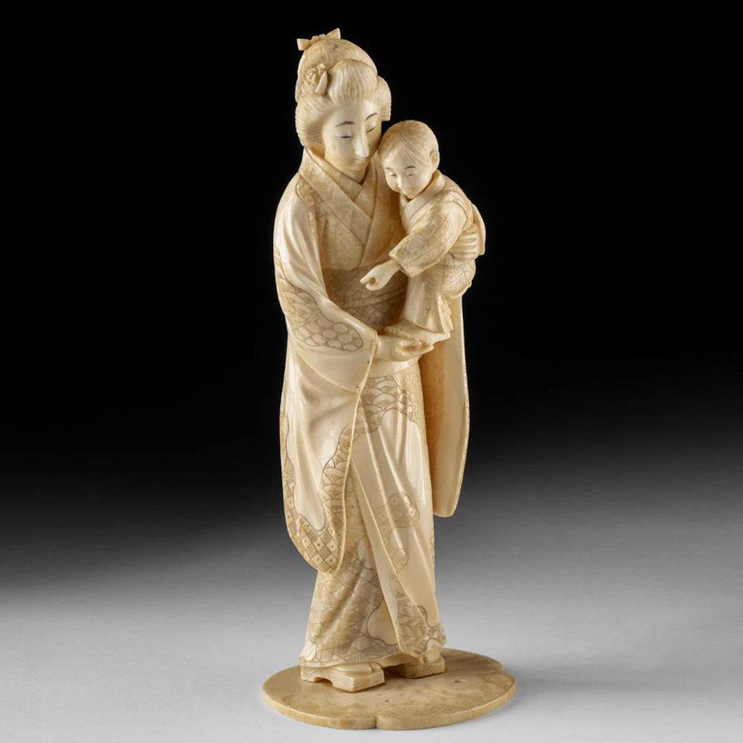 Japanese Meiji Ivory Okimono of a Yamato Nadeshko Mother Carrying a Child