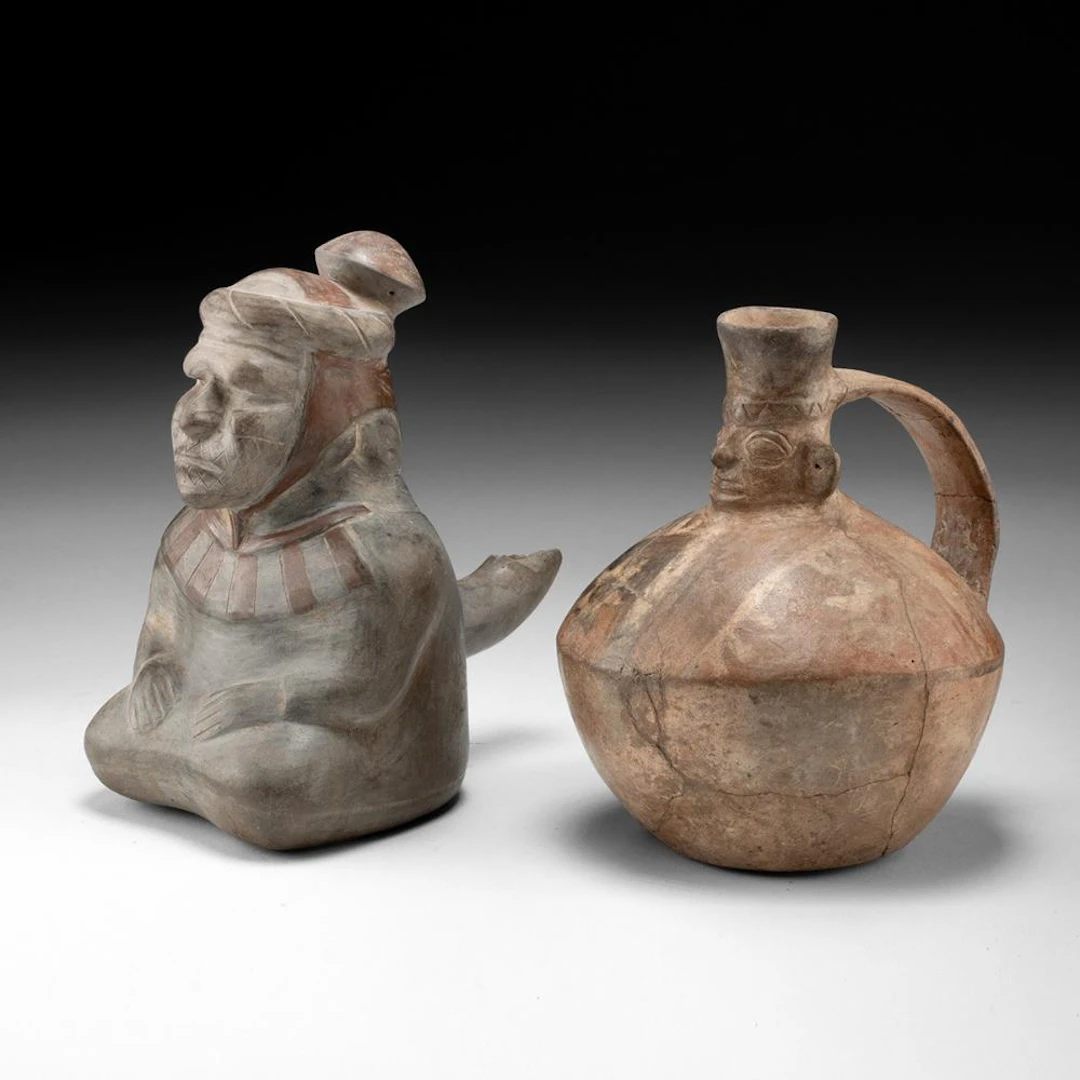 Moche & Recuay Pottery Figural Vessels - Seated Dignitary & Face Spout Jar