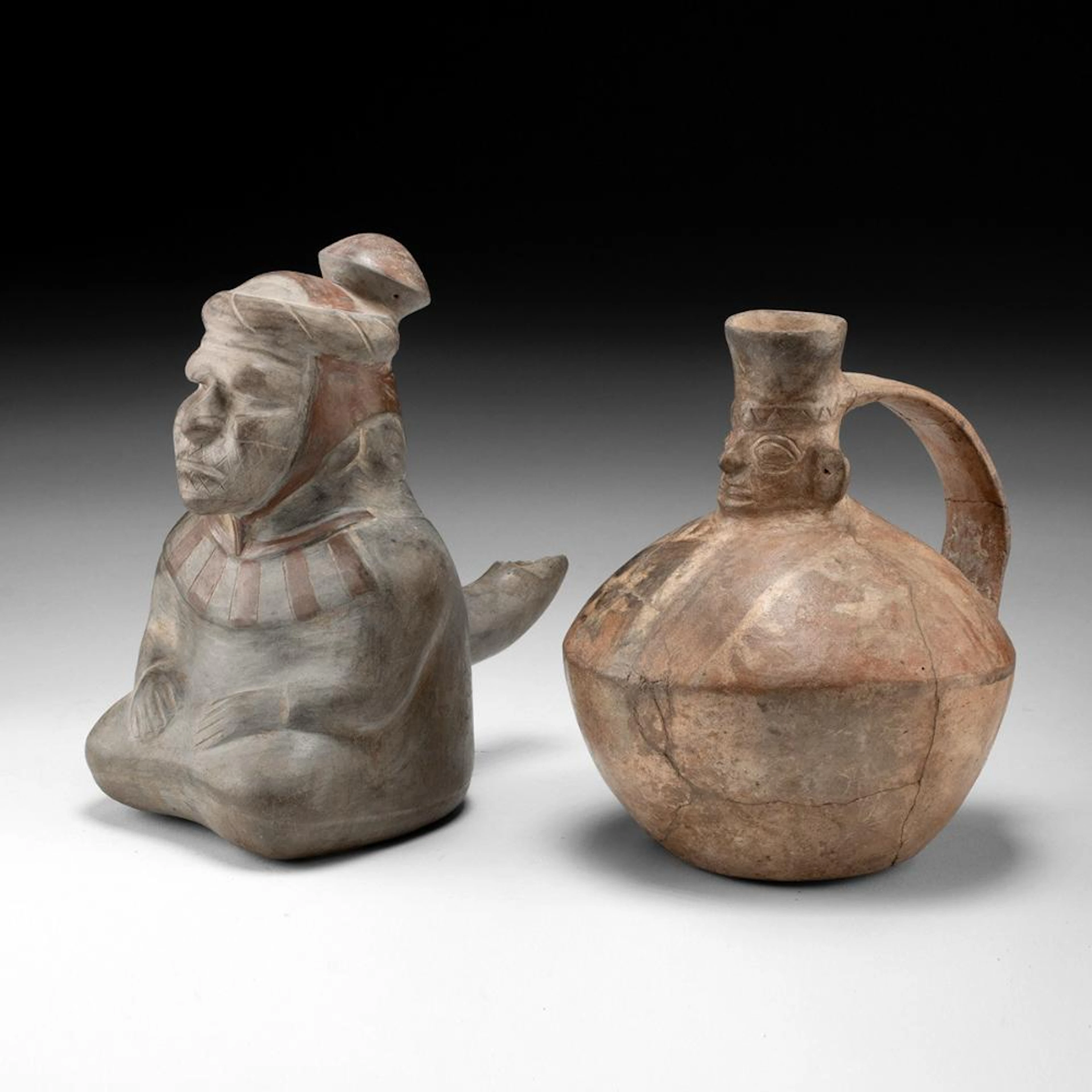 Moche & Recuay Pottery Figural Vessels - Seated Dignitary & Face Spout Jar