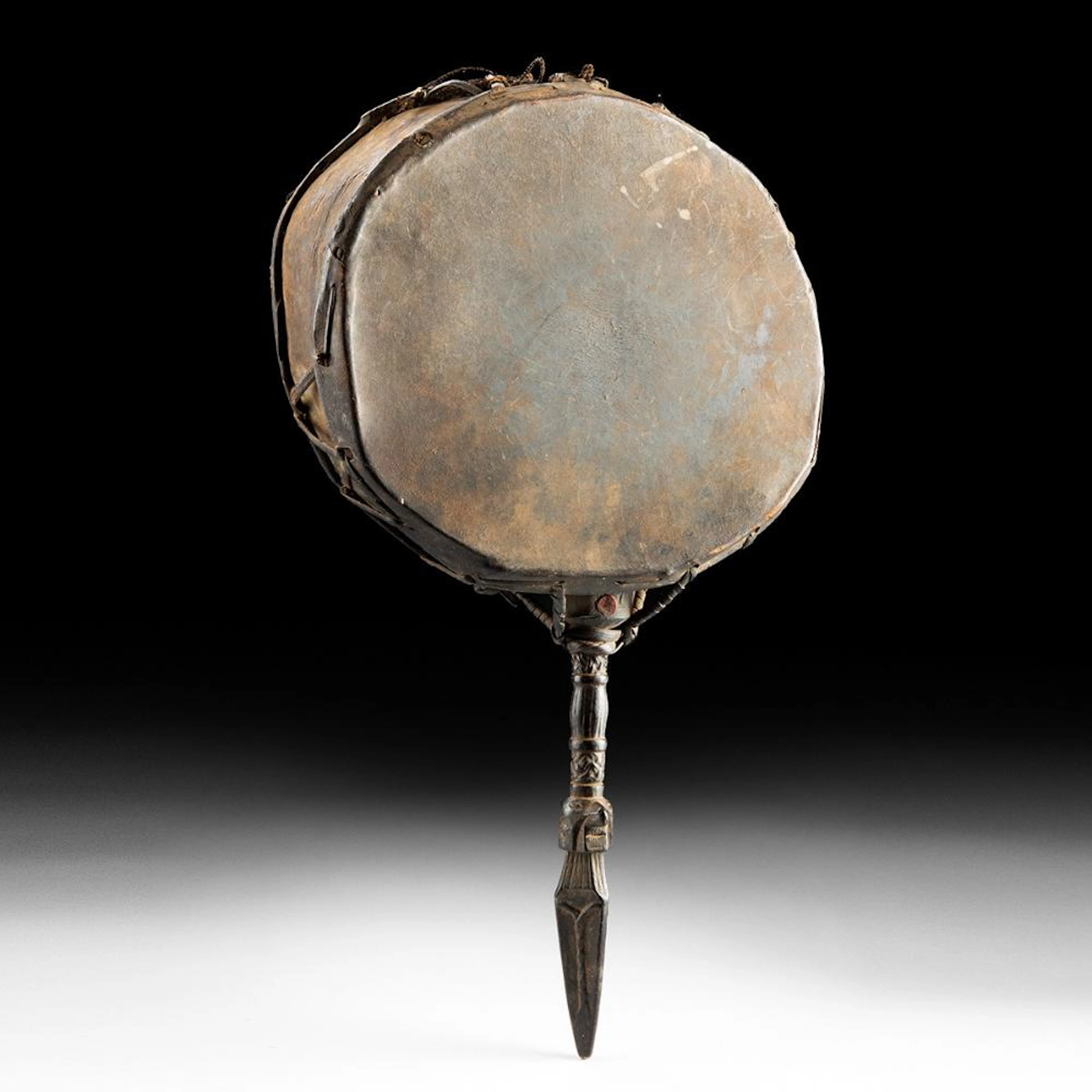 Nepalese Wood & Hide Dhyangro Shaman's Drum - Carved Kila Handle