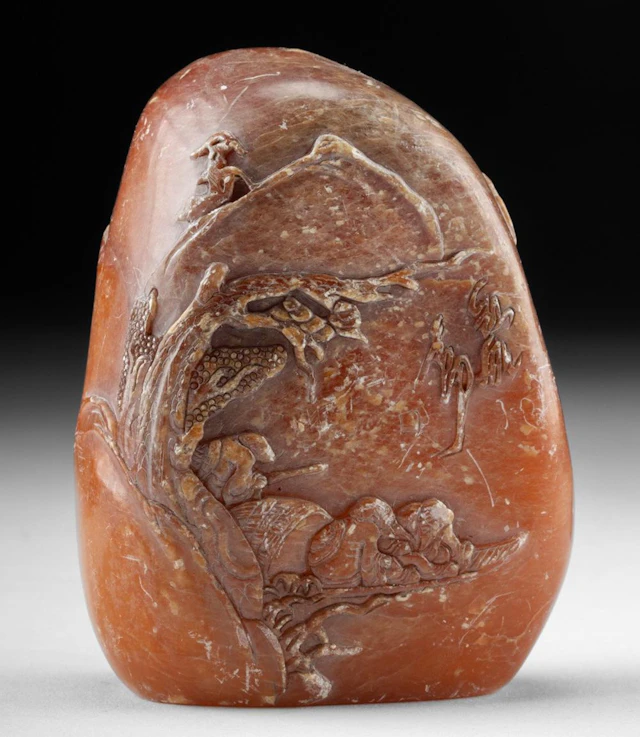 Qing Dynasty Shoushan Stone - Scholar & Landscape Scene