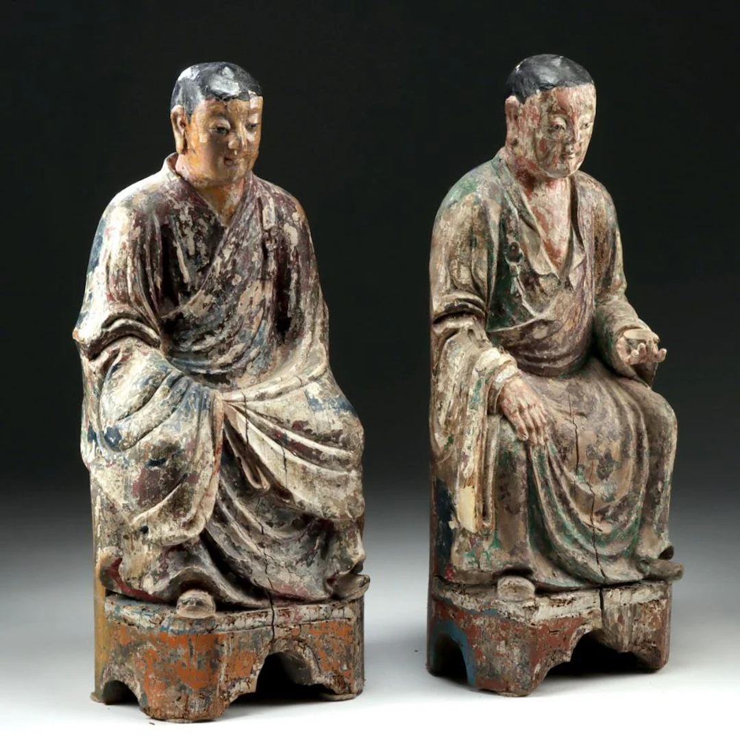 18th C. Chinese Qing Painted Wood Arhat Figures (pr)