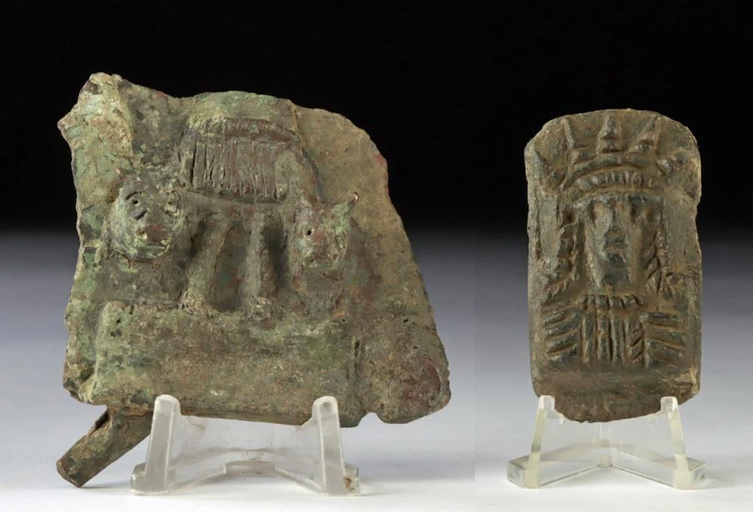 Roman Bronze Relief Plaques | Crowned Goddess & Bull Heads