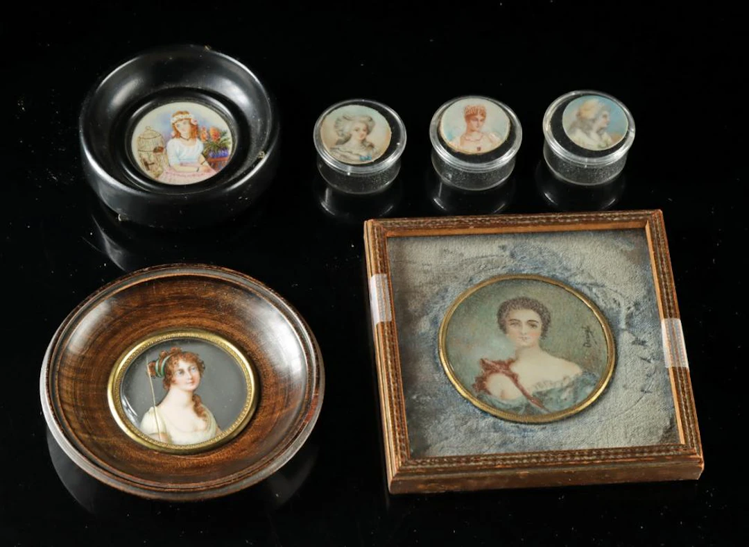 Signed Dorval French Enamel Portrait Miniatures, Set of 6