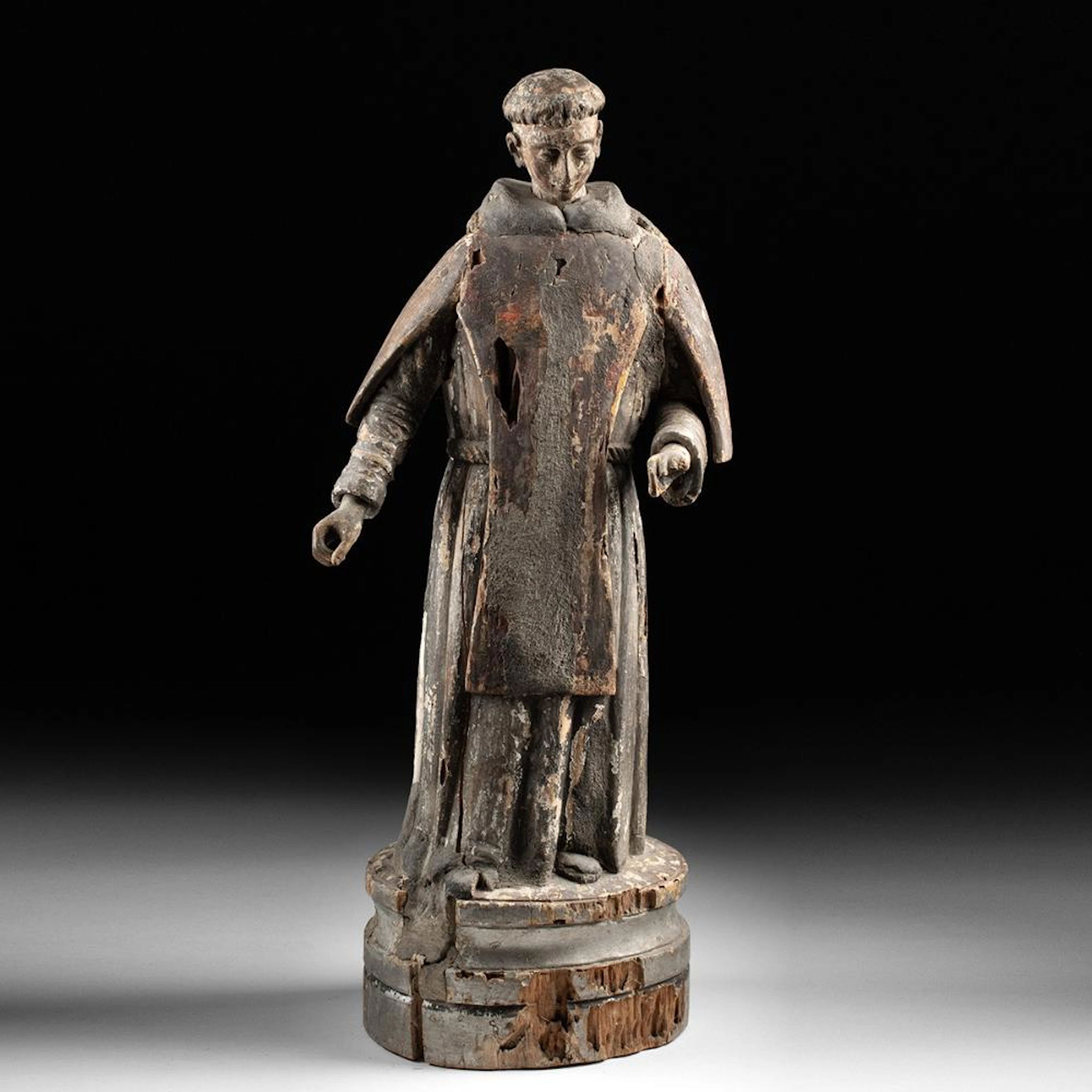19th C. Spanish Colonial Polychrome Wood Santo - Tonsured Friar-Saint