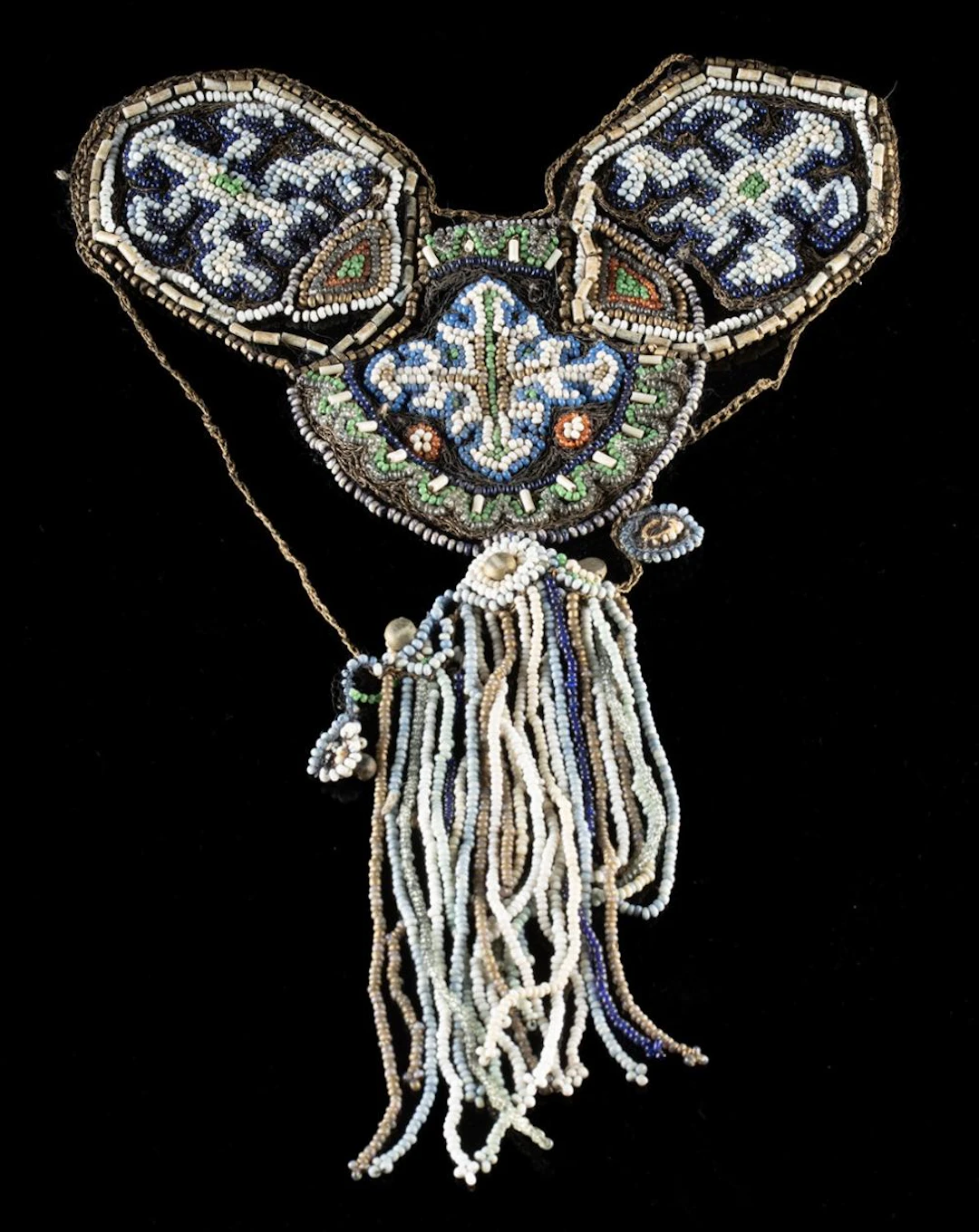 Victorian Beaded Bodice Ornament w/ Metallic Crochet & Glass Bead Fringe