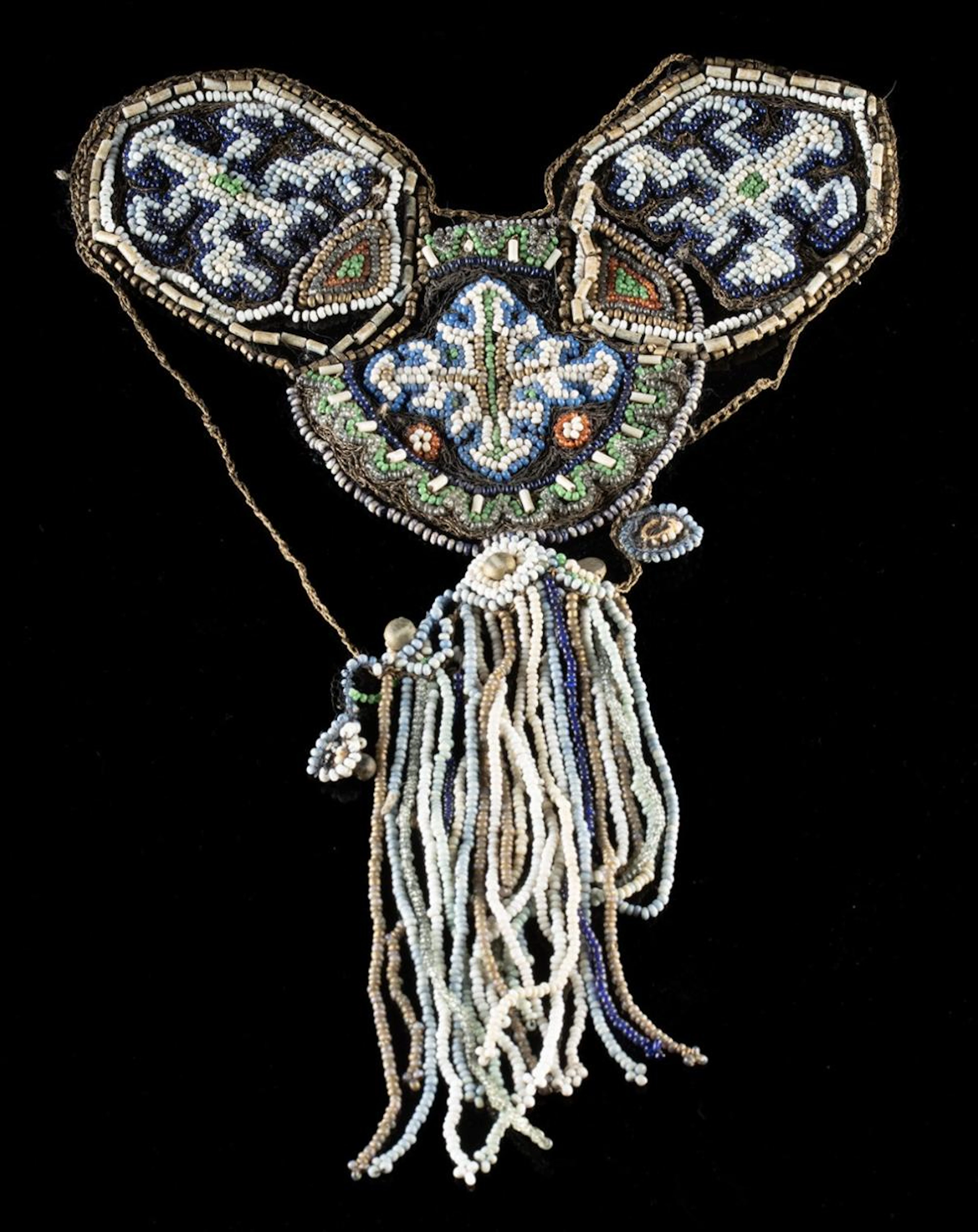 Victorian Beaded Bodice Ornament w/ Metallic Crochet & Glass Bead Fringe