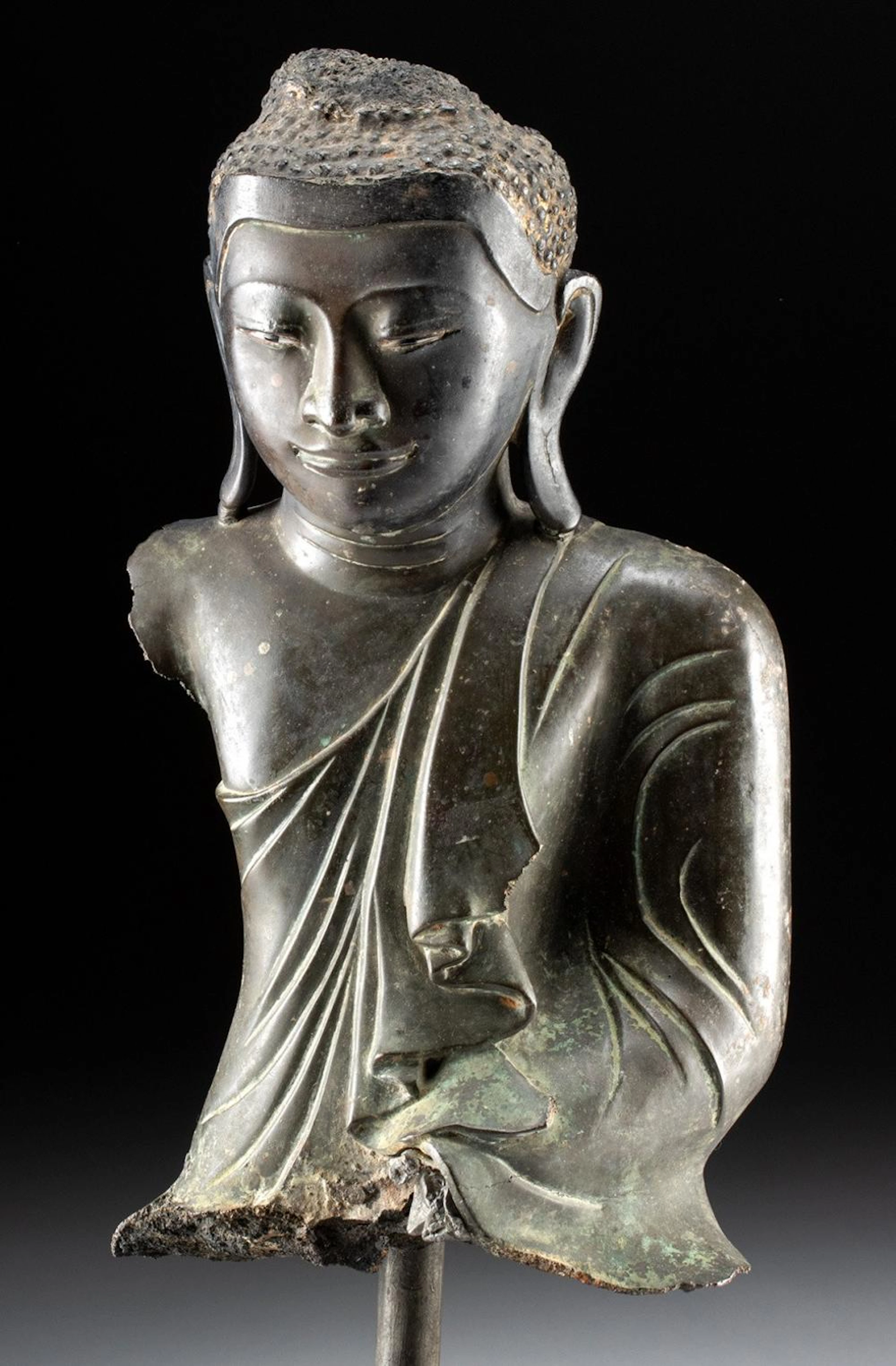 19th C. Burmese Bronze Buddha w/ Inlaid Enamel Eyes